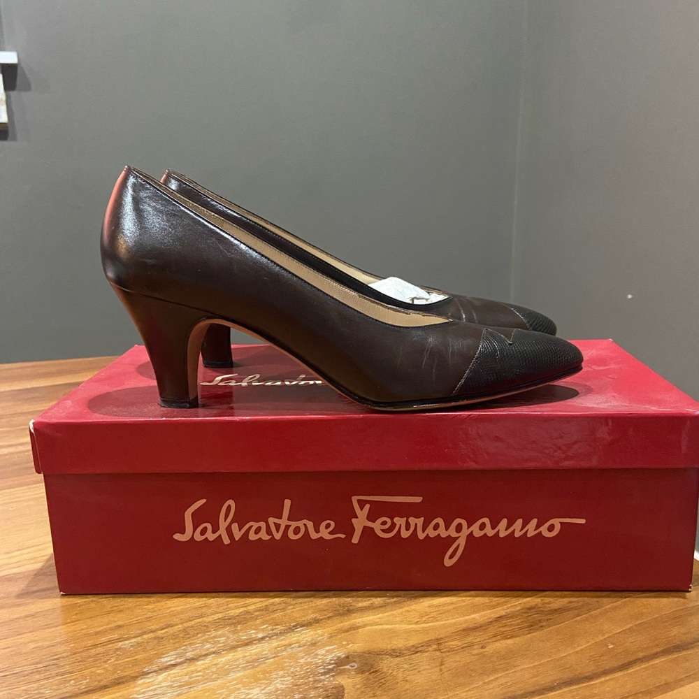 Ferragamo kitten heel leather pumps.